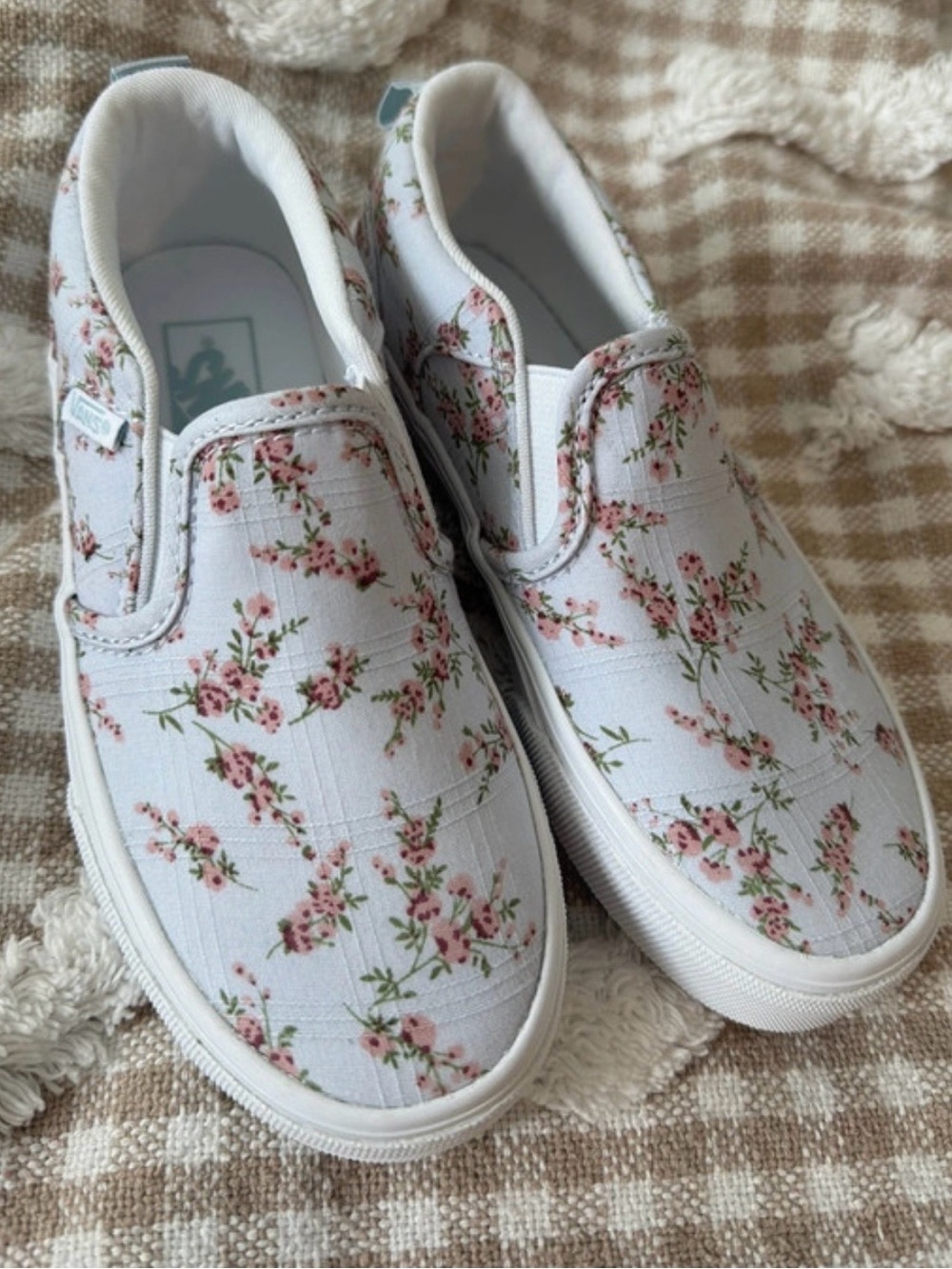 Kids Vans Floral Slip-On Shoes - White with Pink Blossoms